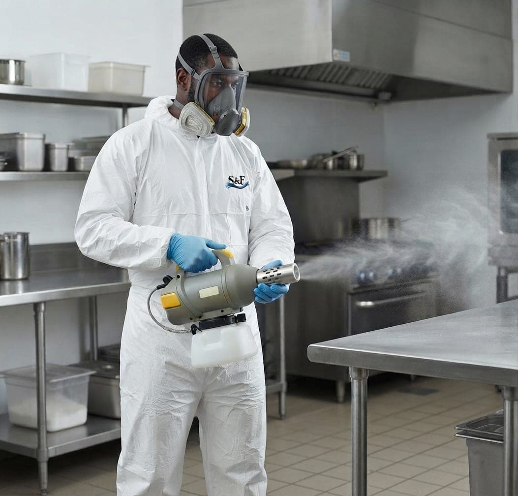 Shai & Fortuna technician fogging a commercial kitchen in protective equipment
