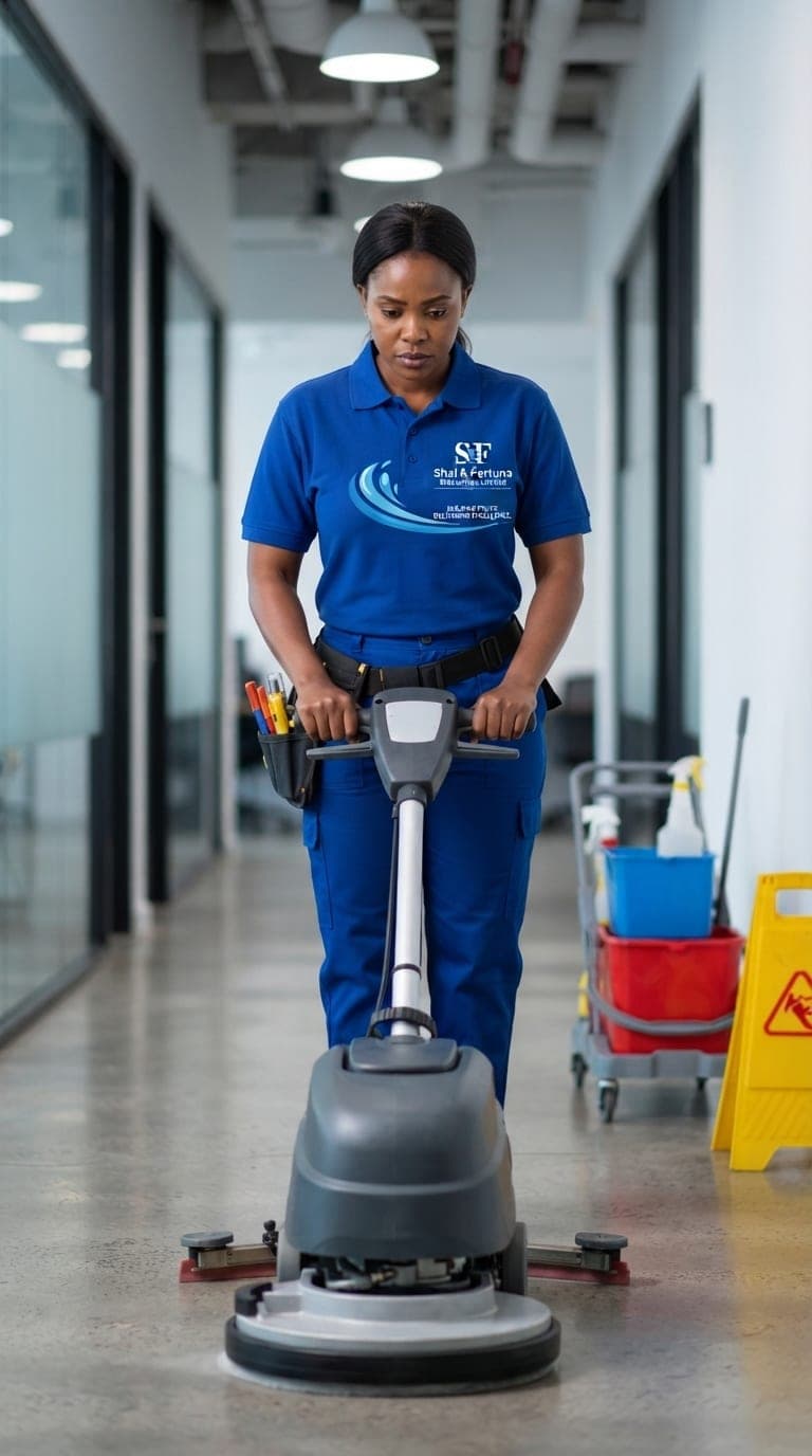Shai & Fortuna cleaning staff operating a floor scrubber in a commercial corridor